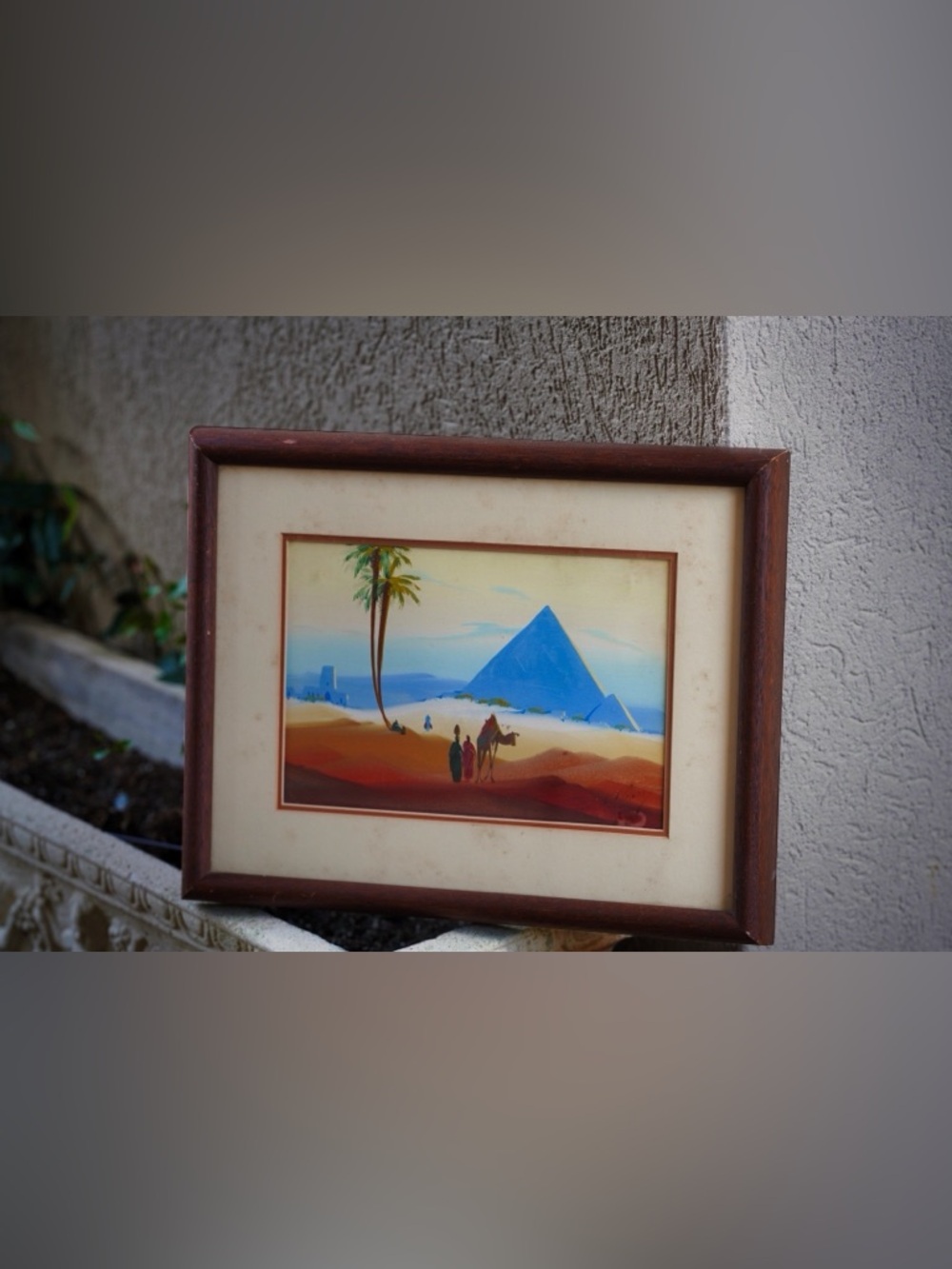Vintage Mid-Century Egyptian Desert Scene Framed Art - Pyramids & Camel